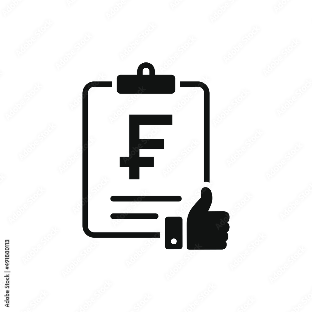 Franc money checklist with a thumbs up. Good financial report, tax form, income statement icon concept isolated on white background. Vector illustration Franc money checklist with a thumbs up. Good financial report, tax form, income statement icon concept isolated on white background. Vector illustration