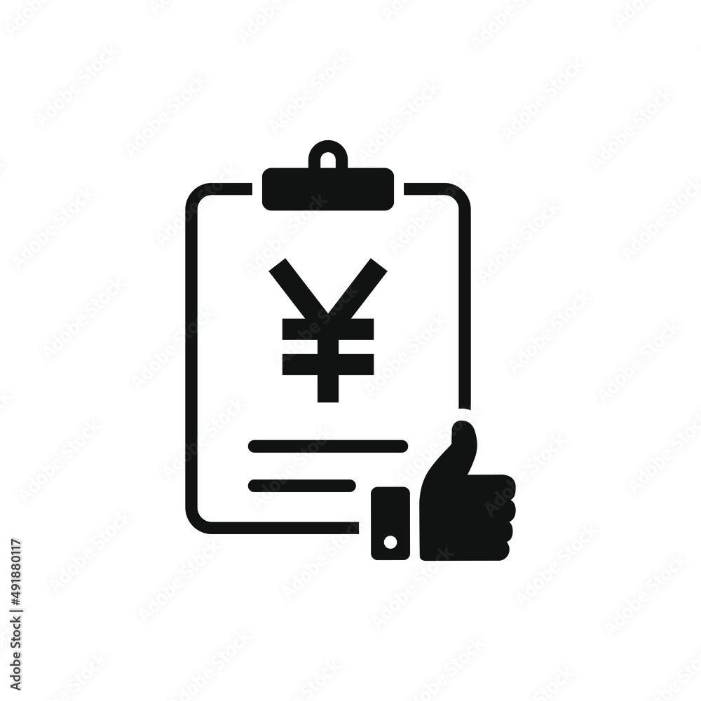 Yen money checklist with a thumbs up. Good financial report, tax form, income statement icon concept isolated on white background. Vector illustration Yen money checklist with a thumbs up. Good financial report, tax form, income statement icon concept isolated on white background. Vector illustration