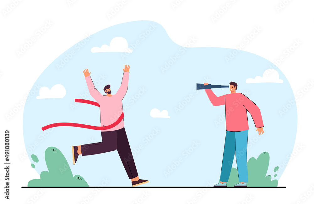 Running cartoon man with finish line ribbon. Male character looking at runner through spyglass flat vector illustration. Victory, success, competition concept for banner or landing web page