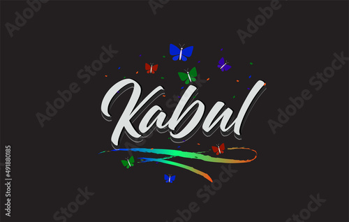 White Kabul Handwritten Vector Word Text with Butterflies and Colorful Swoosh.