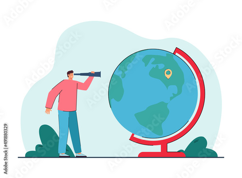 Traveler with spyglass looking at huge globe with location pin. Man choosing destination flat vector illustration. Vacation, traveling concept for banner, website design or landing web page