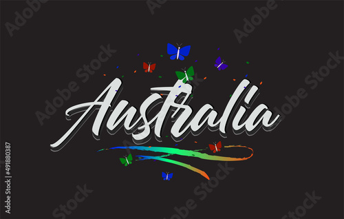 White Australia Handwritten Vector Word Text with Butterflies and Colorful Swoosh.