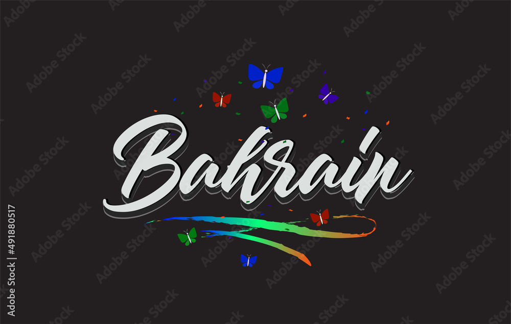 White Bahrain Handwritten Vector Word Text with Butterflies and Colorful Swoosh.