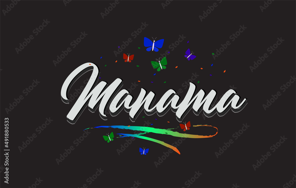 White Manama Handwritten Vector Word Text with Butterflies and Colorful Swoosh. White Manama Handwritten Vector Word Text with Butterflies and Colorful Swoosh.