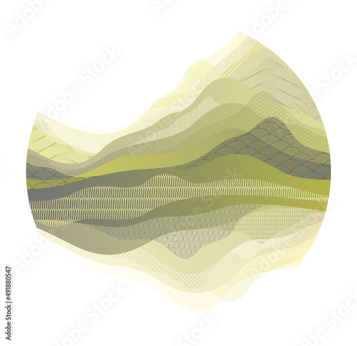 Nature art oriental Japanese style vector abstract background in a shape of circle, mountains terrain landscape, scenic abstraction.
