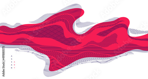 Abstract oriental Japanese art vector background in red color, traditional style design, wavy shapes and mountains terrain landscape, runny like sea lines.