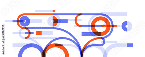 Geometric background with circles and lines vector art, abstract composition technical plan, flat minimal techno system.