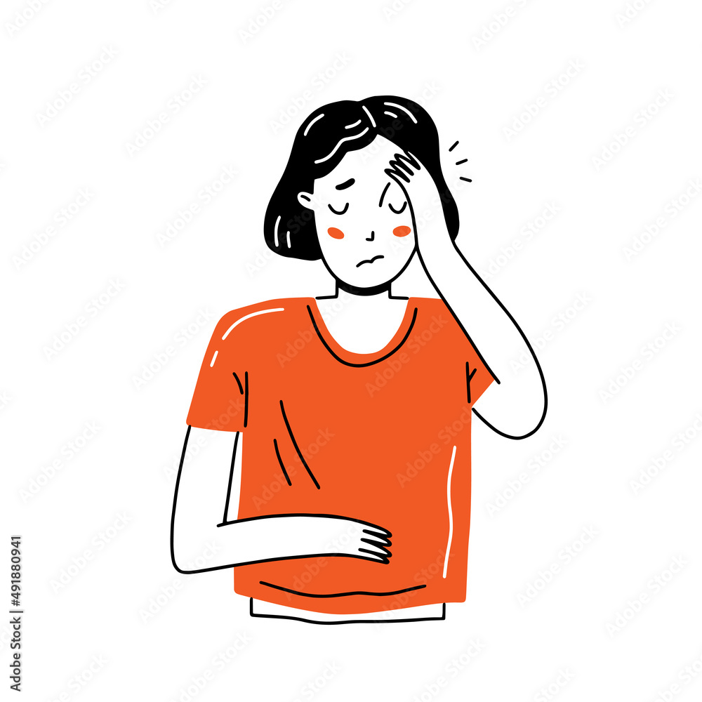 The young girl has a headache. Woman character in simple stylized cartoon doodle style. Isolated illustration. The young girl has a headache. Woman character in simple stylized cartoon doodle style. Isolated illustration.