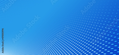 Blue dots in 3D perspective vector abstract background, multimedia internet information theme, wave stream of science technology or business blank template for ads.