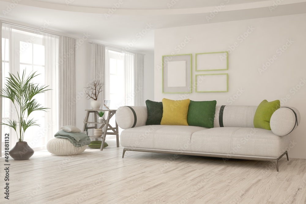 Fototapeta premium White living room with sofa. Scandinavian interior design. 3D illustration
