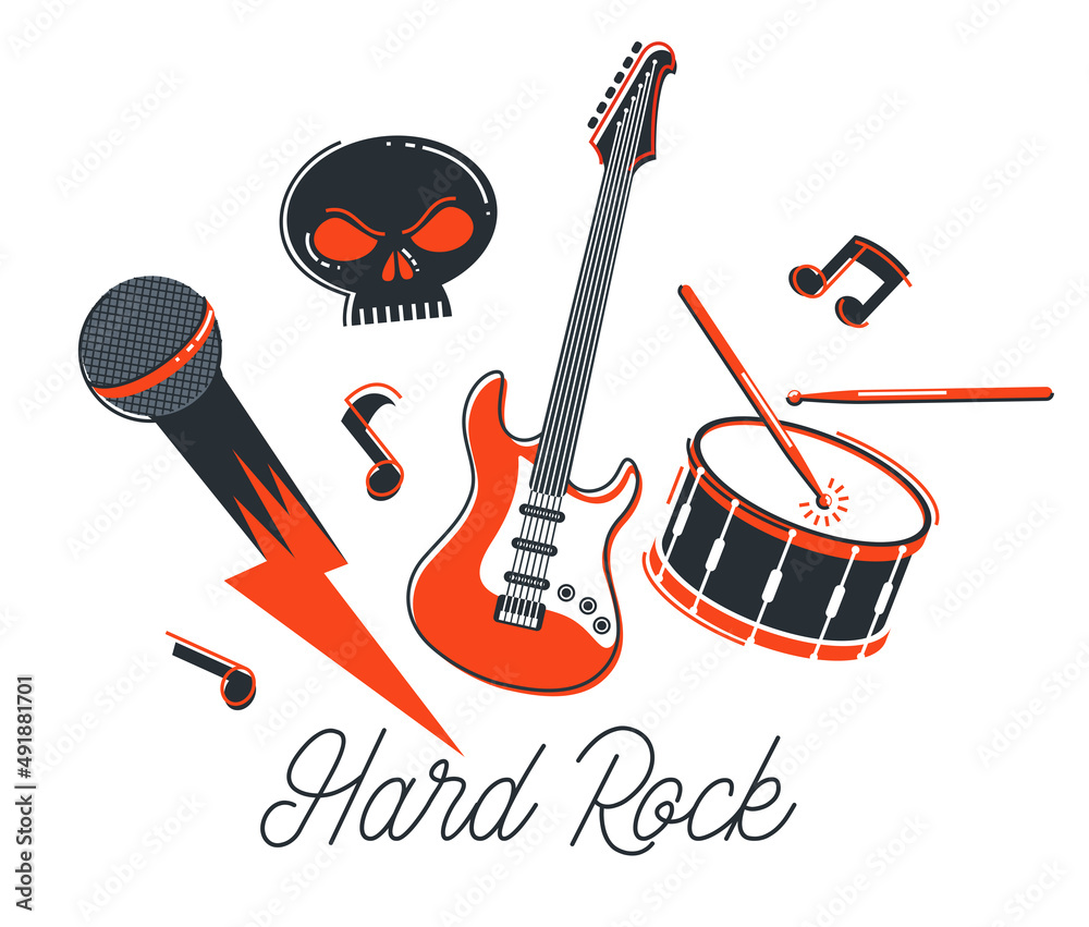 Vektorová grafika „Rock music band vector flat illustration isolated over  white background, hard rock and heavy metal live sound festival or concert,  rock n roll musical band playing, night club party.“ ze