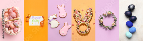 Photo Collection of stylish Easter eggs with cookies and cake, top view