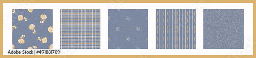 French blue linen seamless pattern set. Tonal farmhouse cottage style background. Simple vintage rustic fabric textile effect. Primitive modern shabby chic kitchen cloth design group. 