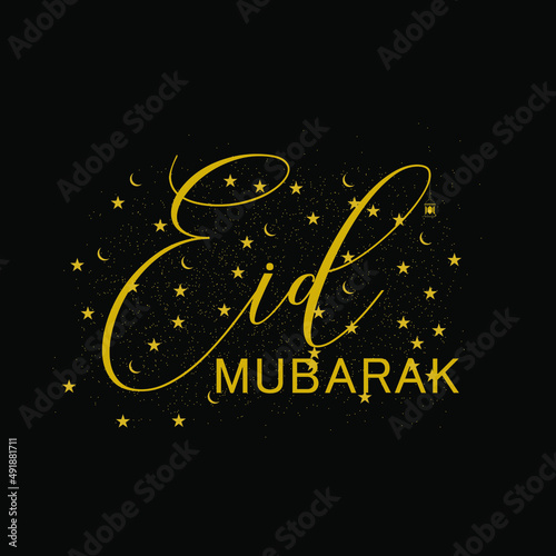 Eid mubarak islamic greeting card with moons and stars on the black background