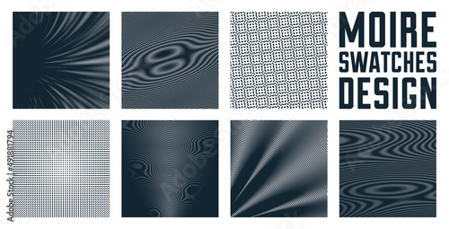 Moire vector abstract backgrounds set, linear contrast virtual digital effect images, hypnotic texture, optical art trendy modern style, black and white distorted grid.