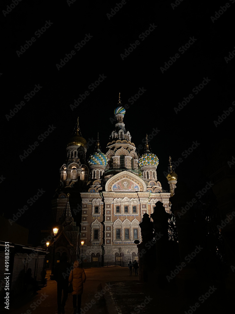 Church of the Savior on Spilled Blood in Saint Petersburg, Russia. Russian Orthodox church and museum in Saint Petersburg city center at night
