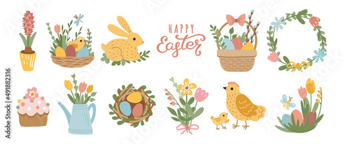 Happy Easter collection of cute illustrations  baskets with eggs  flowers  butterflies  bunny and chickens. Hand drawn elements. Vector set of flat easter symbols
