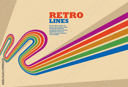 Linear vector abstract background in all colors of rainbow, retro style lines in 3D dimensional perspective, vintage poster art.