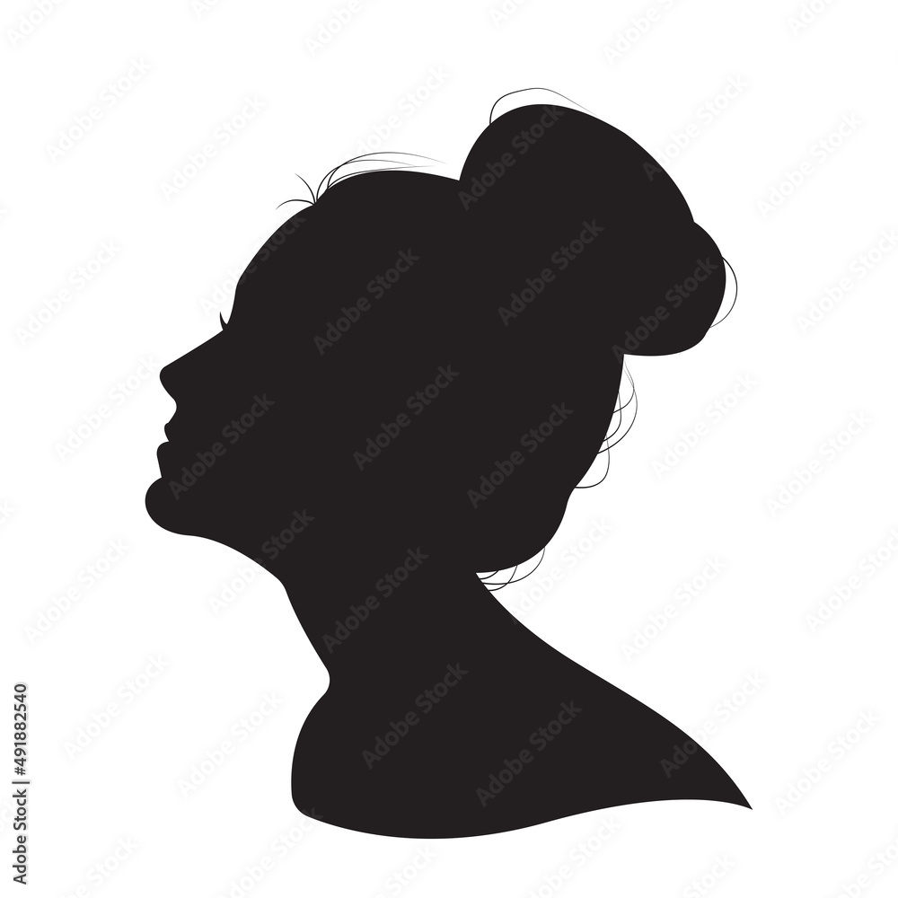 Black vector Girl silhouette on a white background. Hairstyle. Girl silhouette