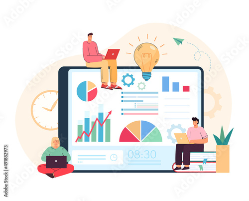 Tiny workers analyzing business data flat vector illustration. Men and woman doing research together, developing strategy, looking at dashboard with diagrams and bar charts. Management concept