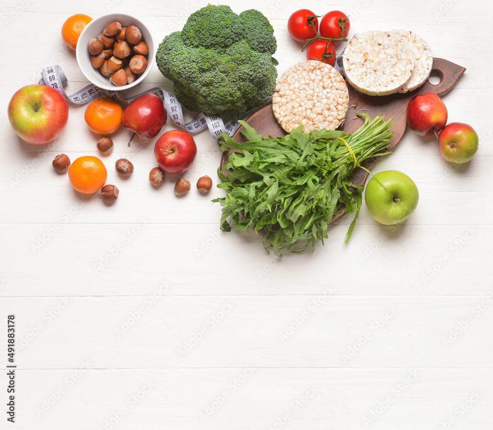 Composition with healthy natural products on light wooden background Composition with healthy natural products on light wooden background