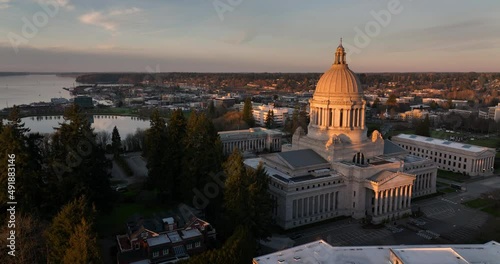 Over the homes and state capital building Budd Inlet in Olympia WA photo