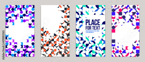 Backgrounds and cover templates vector set, abstract geometric designs, bright color compositions with copy spaces for text, complex modern art layout.