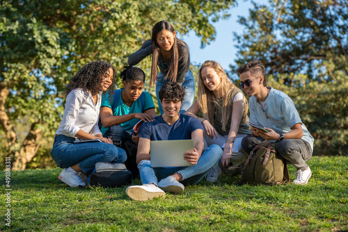 Group of teenage friends looking at laptop in the park on green grass