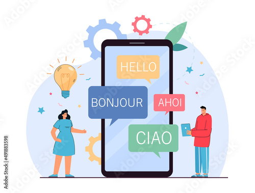 Online translator app on phone screen flat vector illustration. Tiny people or foreigners using application for translating greeting phrases. Foreign language, international communication concept