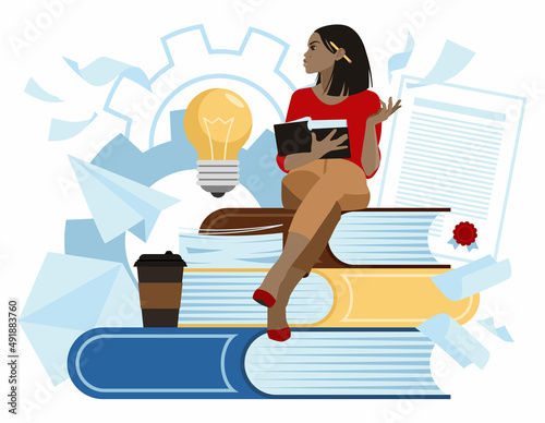 An African American girl with a book in her hands sits on big books. Concept of the author of the book. Concentration and brainstorming. Isolated vector illustration in cartoon style.