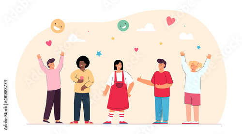 Happy diverse children standing in row flat vector illustration. Group of international or multi ethnic girls and boys talking and smiling Kindergarten, teamwork, unity, friendship concept