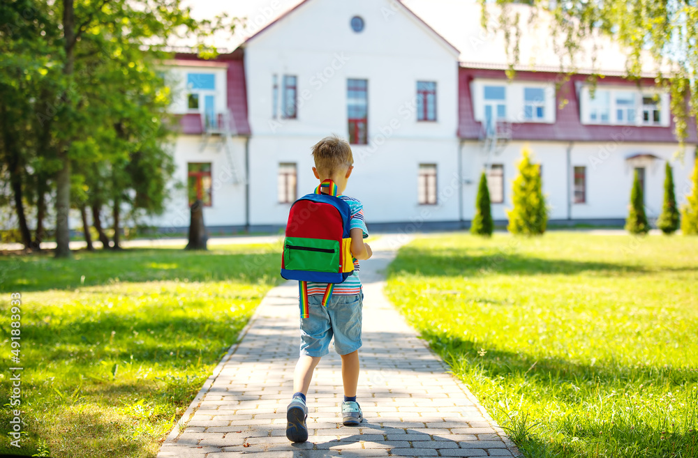 Fototapeta premium Boy going to study in primary school at first time.
