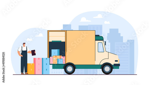 Delivery man unloading boxes from van flat vector illustration. Courier in uniform standing near truck full of packages, cardboard boxes of customer. Local delivery service, transport concept