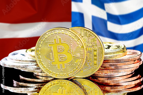 Bitcoins on the background of flag Latvia and Greece. Concept for investors in cryptocurrency and Blockchain technology in Latvia and Greece