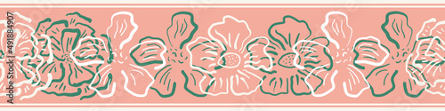 Wild meadow flower seamless vector border background. Modern floral line art banner with hand drawn outline flowers and striped edge Botanical pink design for summer, edging, trim, ribbon, web