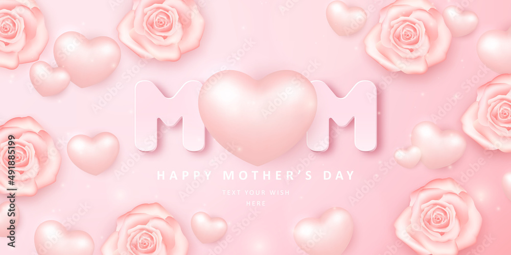 Happy mother's day botanic garden pink rose flower and 3D love heart