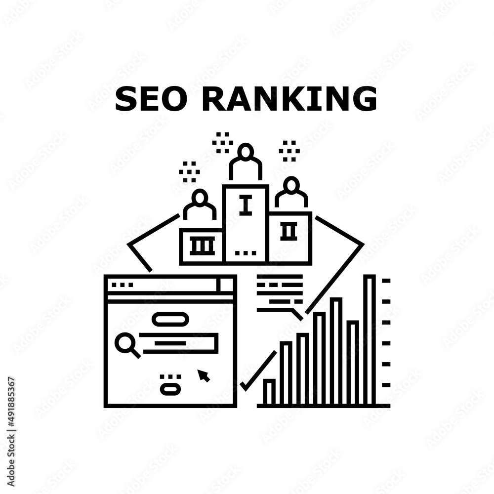 Seo Ranking Vector Icon Concept. Seo Ranking Position After Researching Digital Internet Business Content, Analyzing Infographic. Marketing And Optimization Technology Black Illustration