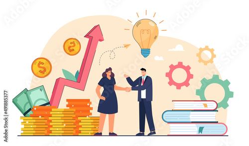Business people shaking hands flat vector illustration. Happy man investing in startup ideas, making financial deal with woman. Partnership, venture investment concept