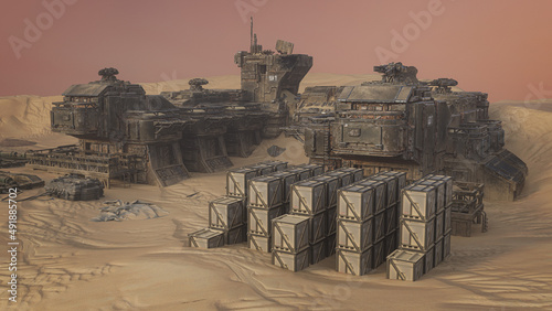 Abandoned desert outpost on an alien planet with orange sky. Science fiction fantasy concept 3D rendering. photo