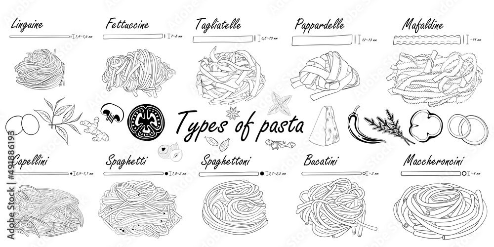 custom made wallpaper toronto digitalTypes of pasta. Black and white. Long pasta difference, illustration example.
