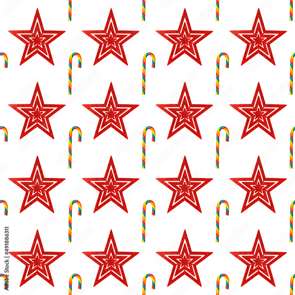 Obraz premium Red stars with candy christmas seamless pattern.
