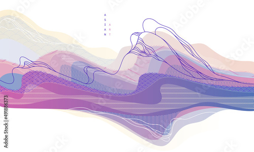 Nature art oriental Japanese style vector abstract background, runny like water shapes and lines with textures.