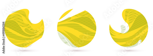 Nature art oriental Japanese style vector abstract backgrounds set in yellow color in a shape of circle, runny like water shapes and lines with textures.
