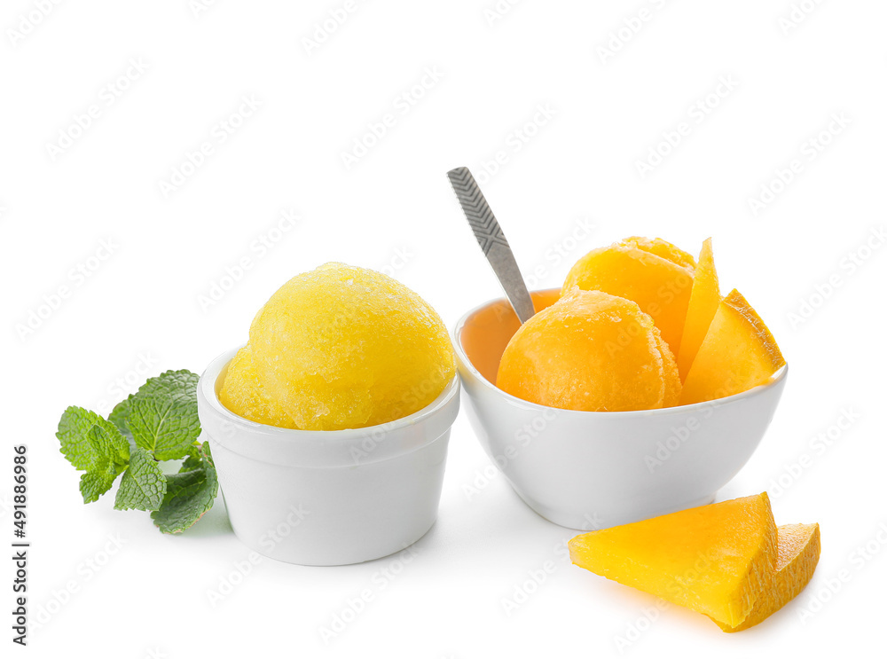 Bowls with tasty melon sorbet on white background - obrazy, fototapety, plakaty 