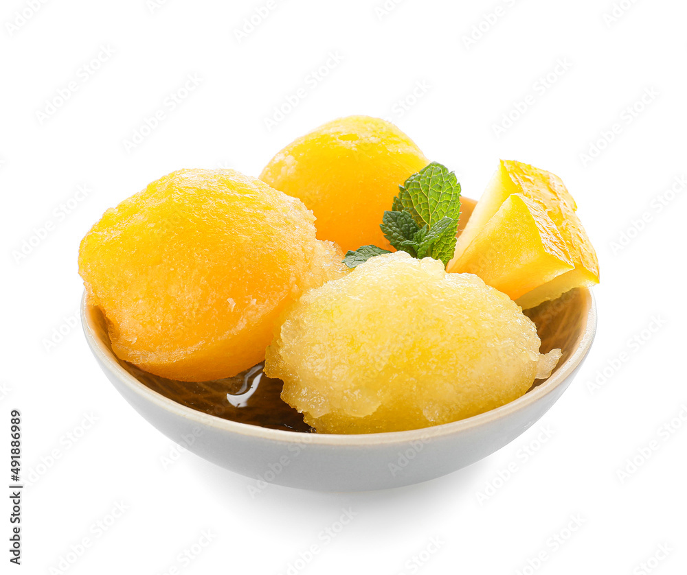 Bowl with tasty melon sorbet on white background Bowl with tasty melon sorbet on white background