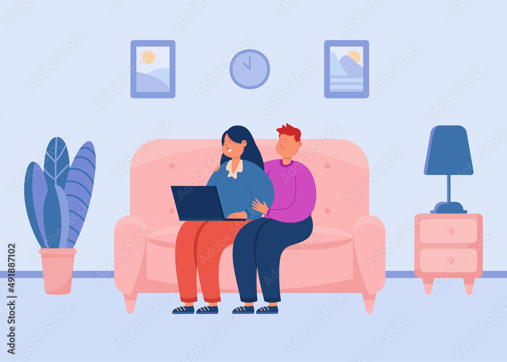 Fototapeta premium Couple sitting on sofa and looking at laptop screen. Happy man and woman spending time at home in living room, resting, hugging and watching movie flat vector illustration. Love, family concept