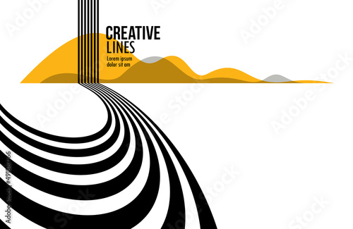 3D black and white lines in perspective with yellow elements abstract vector background, linear perspective illustration op art, road to horizon.