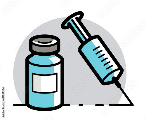 Vaccination theme vector illustration of a syringe with vial isolated over white, epidemic or pandemic coronavirus covid 19 or flu or SARS or any other vaccine, pharmacology concept.