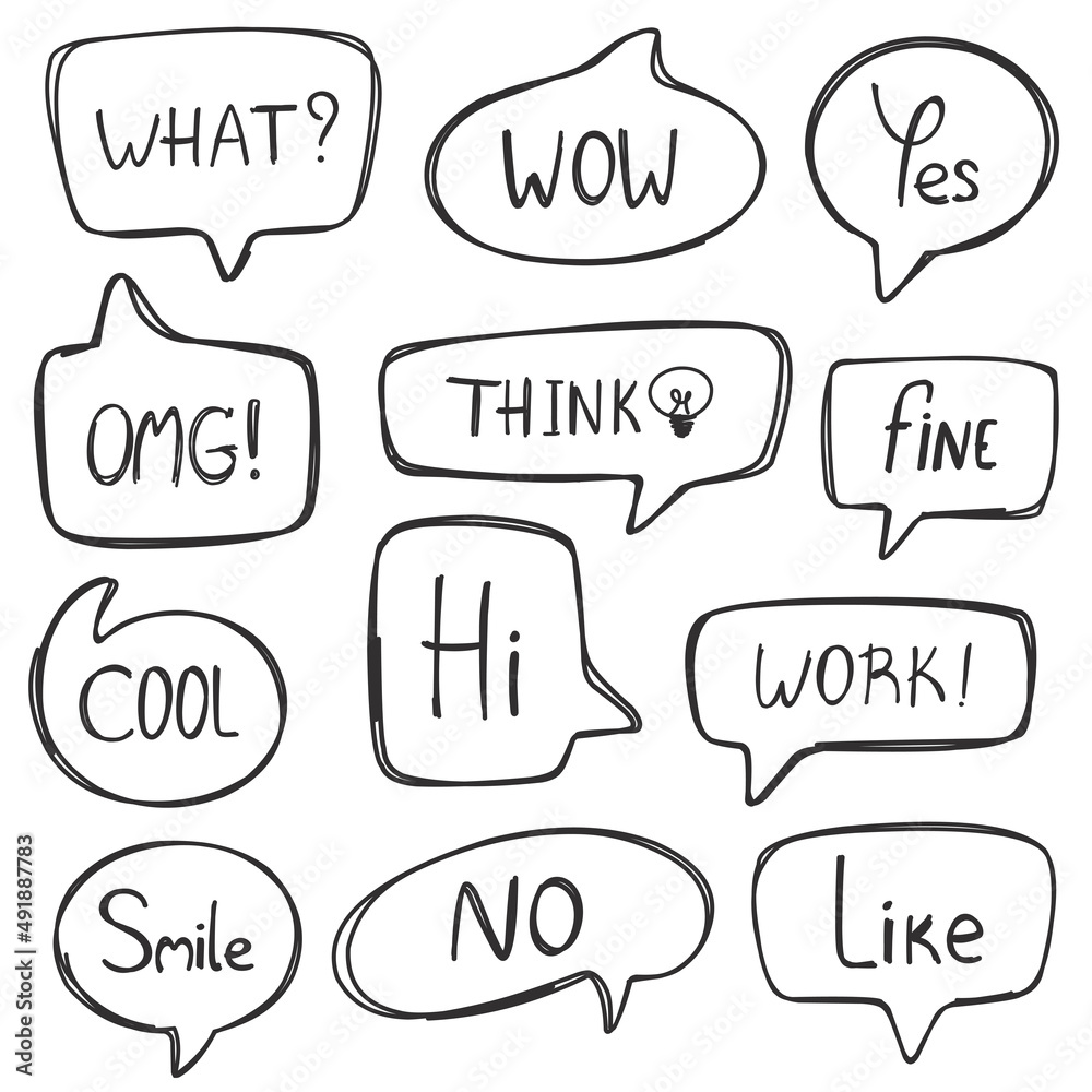 Hand drawn collection of speech bubbles with doodle style text isolated on white background. Vector isolates. Hand drawn collection of speech bubbles with doodle style text isolated on white background. Vector isolates.