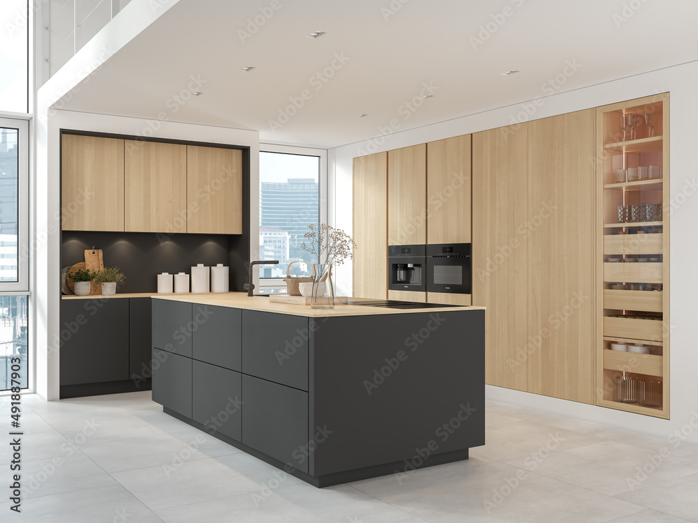 3D Illustration. Modern kitchen in loft apartment. 3D Illustration. Modern kitchen in loft apartment.